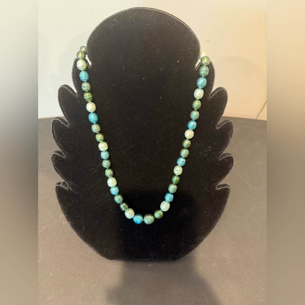 Iridescent Green & Teal Baroque Pearls Necklace with 925 silver clasp